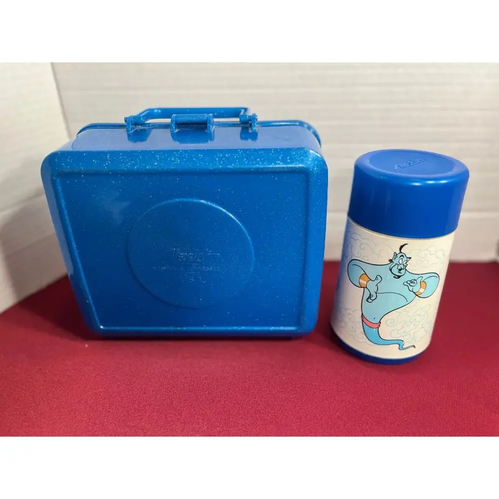 Vint 1993 Disney Aladdin Plastic Lunchbox with Matching Thermos Set Glitter Blue